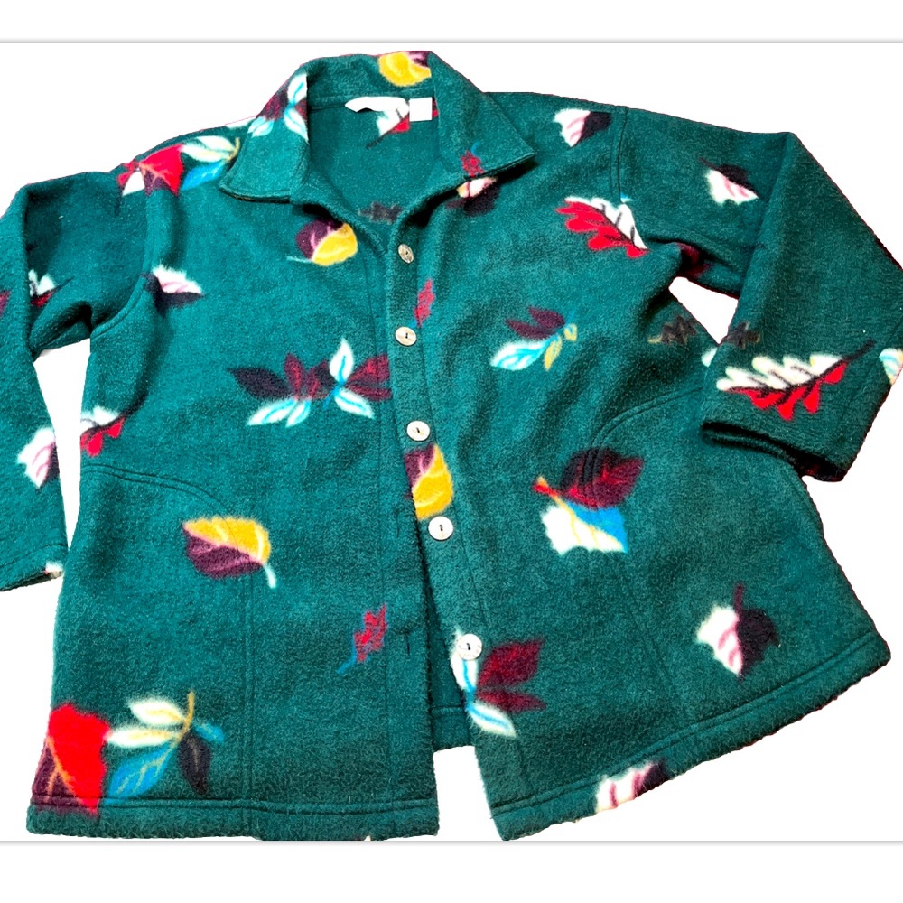 TanJay green leaves FLEECE button shirt JACKET Collared Pockets women’s medium M